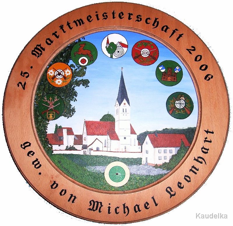 margots_malereien_schuetzenscheibe_zur_mm_d009.jpg - Marktmeisterschaft 2007 - Kirche von Oberlauterbach mit Schützenwappen